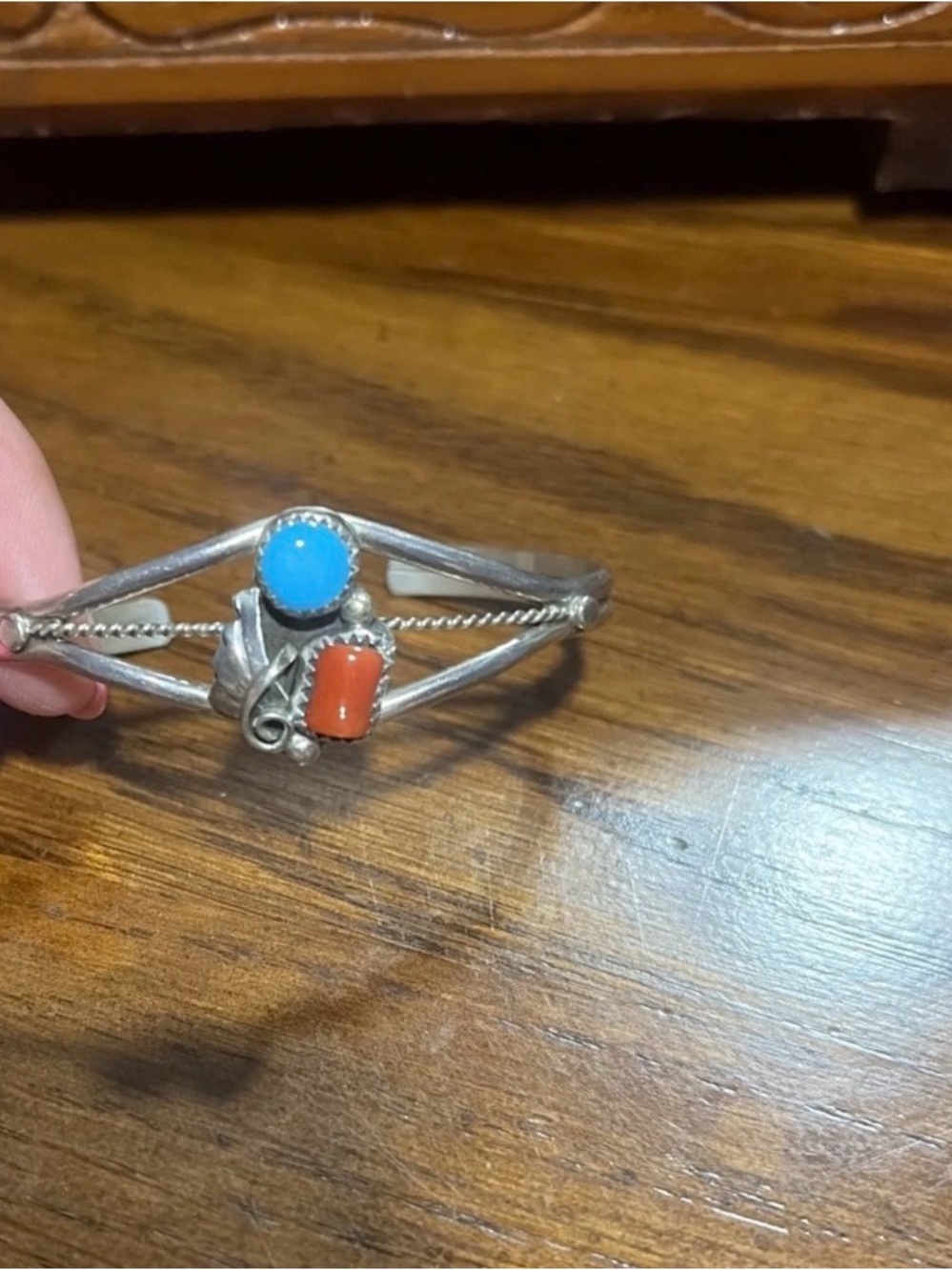 Sterling Silver Turquoise and Coral Cuff Bracelet - Native Style